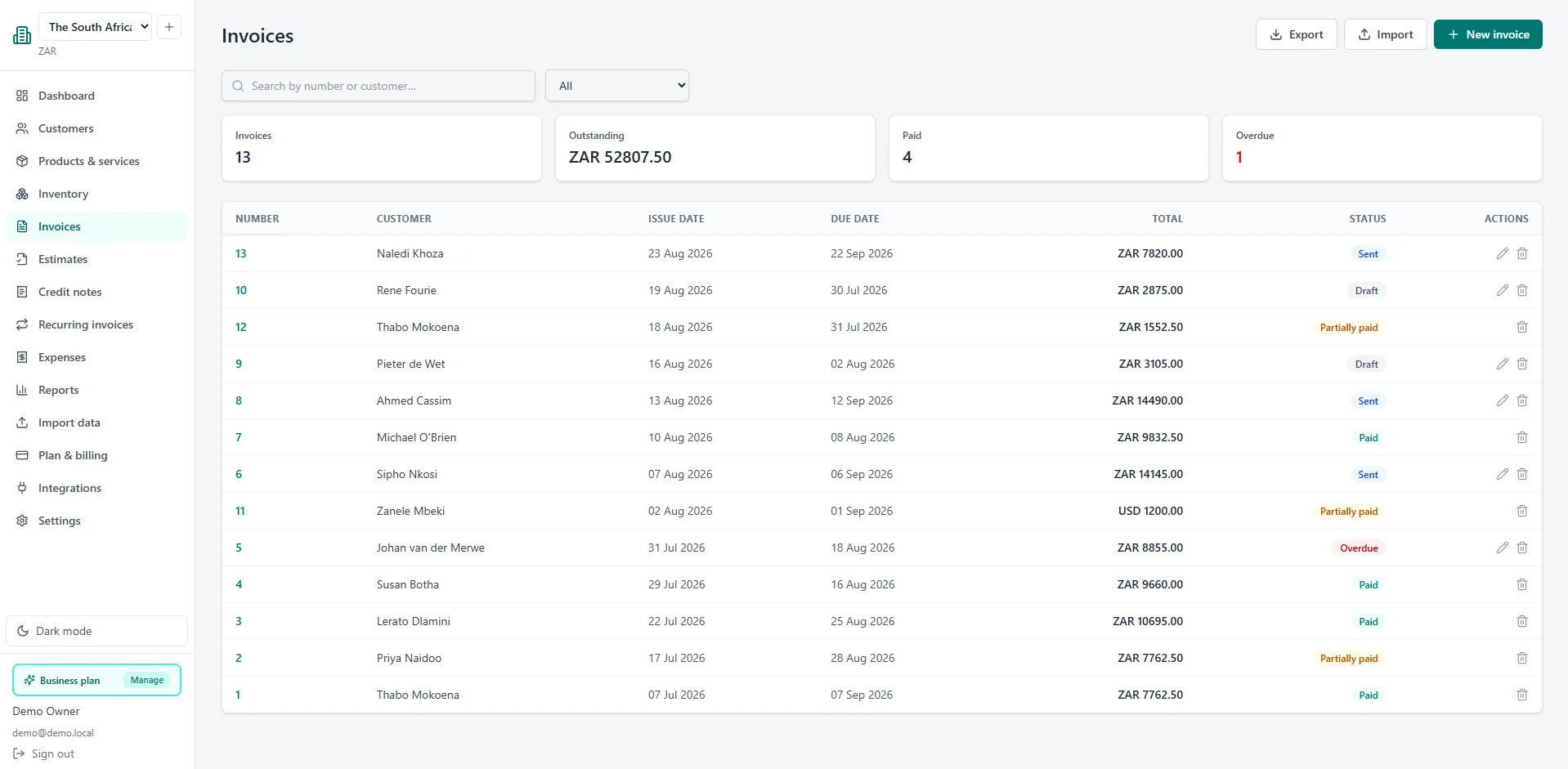 Invoices screen